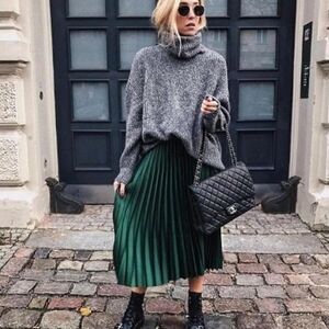 Allegra K Forest Green Accordian Pleated Metallic Midi Skirt